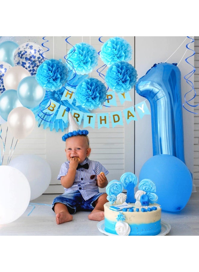 Mordely Blue Birthday Decorations Kit - HAPPY BIRTHDAY Banner, Spiral Charm, Paper Flower Ball and Balloons for Boys and Gilrs Birthday Party - Image 5
